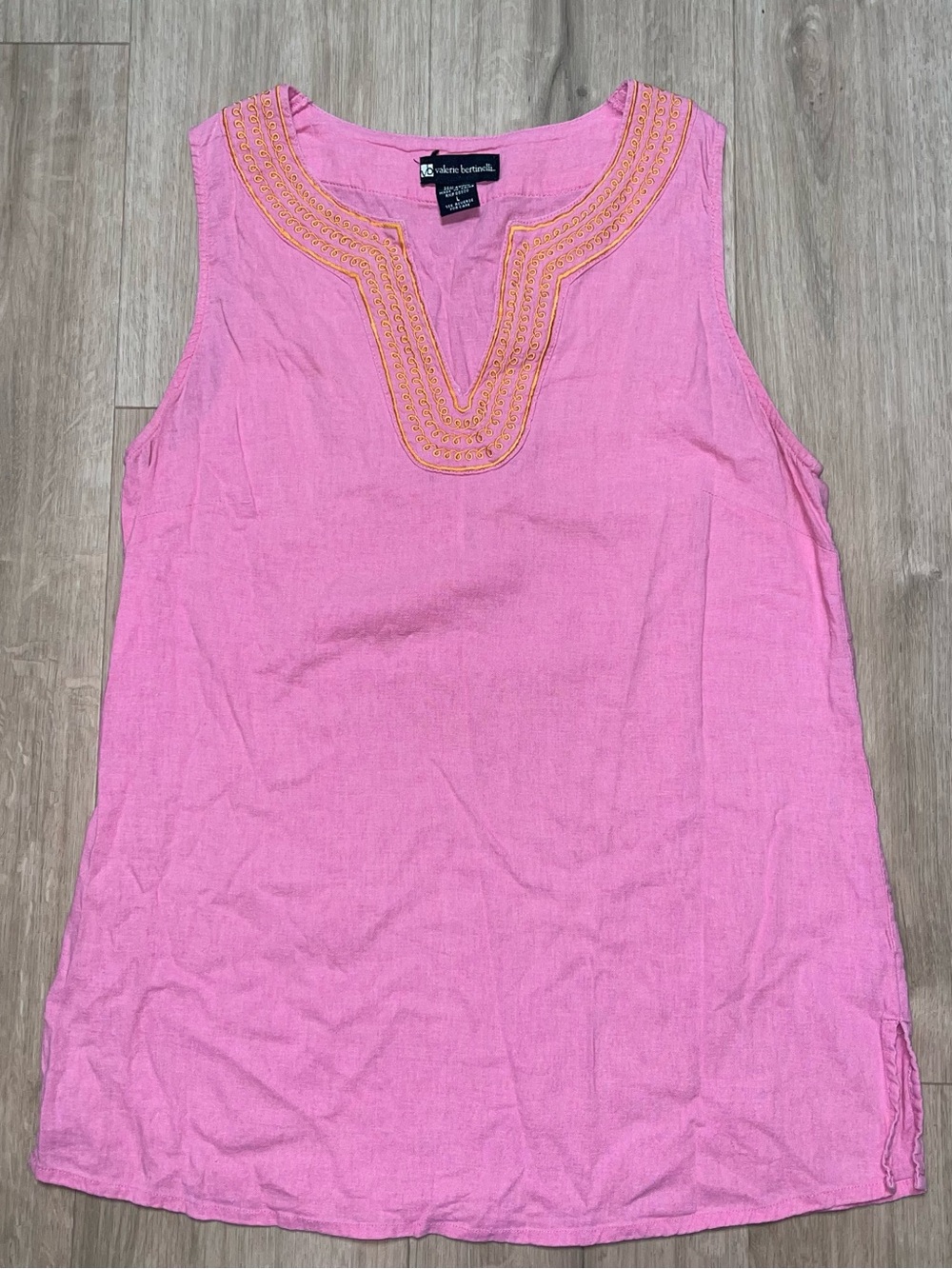 Linen Blend Womens L Valerie Bertinelli Pink Tank w/ Orange Embroidered Neckline